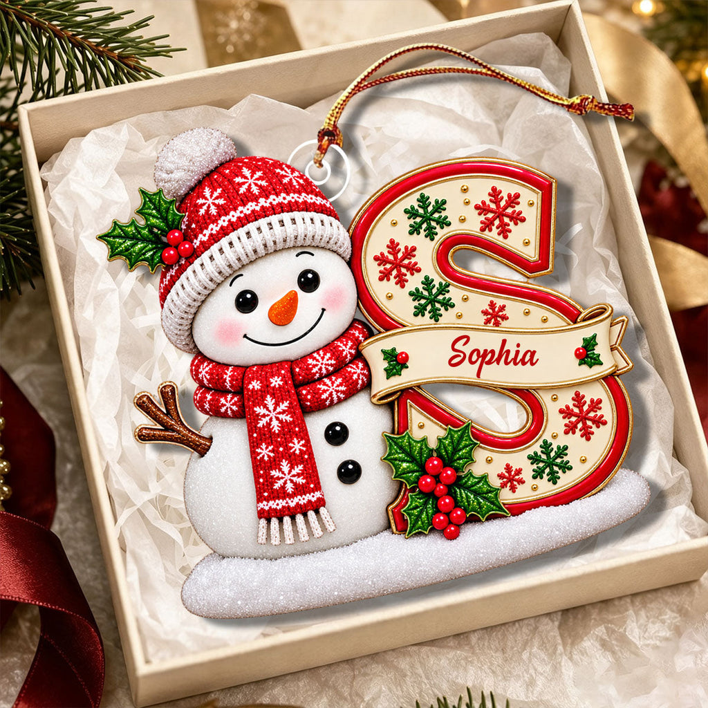 Custom Snowman Initial Christmas Ornament, Personalized Letter Name Bauble