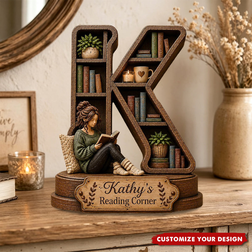Personalized Initial Reading Corner Wood Sign, Book Lover Gift